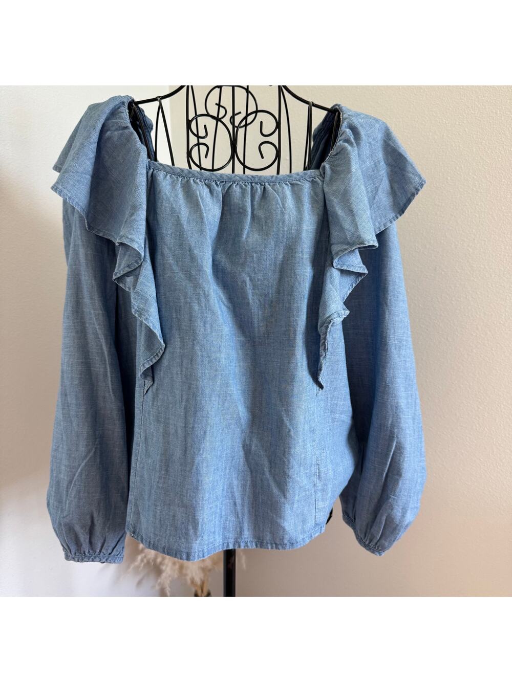J. Crew Light Blue Chambray Ruffle Off-Shoulder Blouse